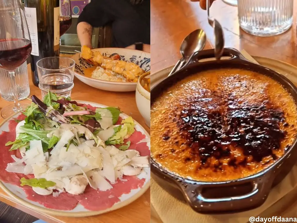 jantar com pratos salgados carpaccio e risotto e sobremesa creme brulle