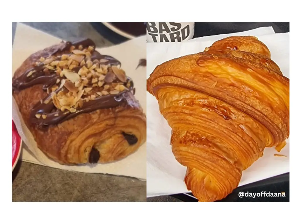 pain au chocolate a esquerda e croissaint a direita