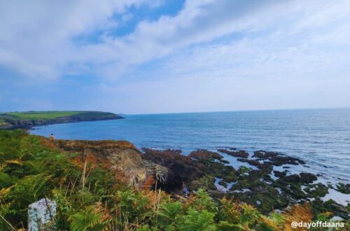 Alt=Ballyncotton Cliff Walk, foto mosta longo caminho, com mar e paisagem verde em volta para percorrer