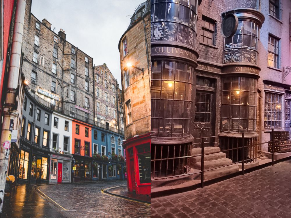 o-que-fazer-em-Edimburgo-Diagon-Alley O que fazer em Edimburgo: à direita, a rua em Edimburgo que serviu de inspiração; à esquerda, foto do Beco Diagonal (Diagon Alley) de Harry Potter.