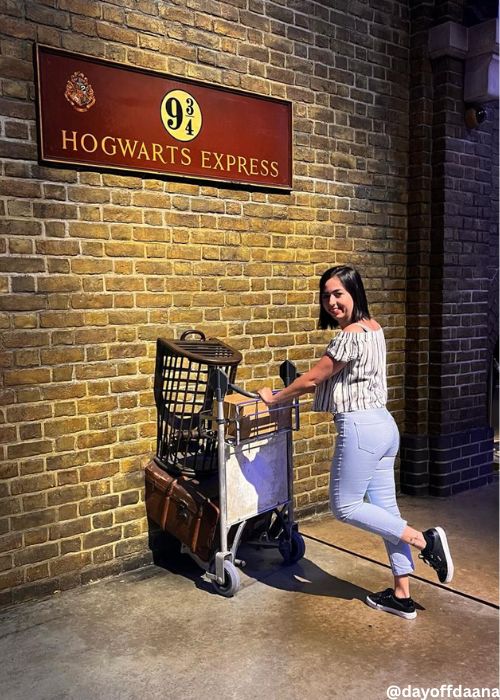 Estúdios Harry Potter – Plataforma 9 3/4: entrando no mundo mágico com o carrinho, simulando a icônica passagem para Hogwarts e mergulhando na aventura encantadora do universo de Harry Potter.