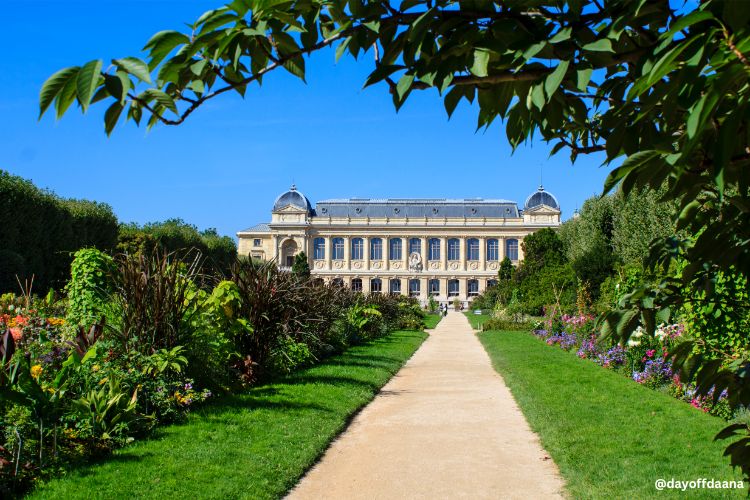 Alt= Jardim de Plantes, cores diferentes e vibrantes, ao fundo musei e um mix da natureza, opcao para relaxar e aproveitar seu dia em paris de forma gratuira