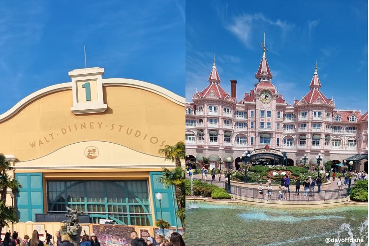 Walt Disney Studios e Disneland Park Entrada do Walt Disney Studios em amarelo e verde e do outro lado entrada da disneyland park em Rosa