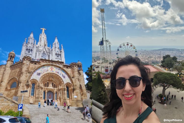 montejuic Igreja basilica do sagrado coracao de um lado e foto da vista de cima da igreja com parque e toda a cidade do fundo