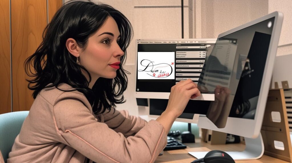 orcamento-de-viagem-planejamento-com-eficiencia Mulher no computador planejando seu orçamento de viagem com a planilha do DayOff aberta para controlar gastos.